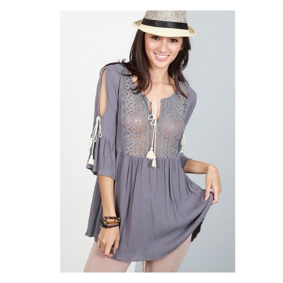 POL Gray Lace Drawstring Neckline Tunic Top S - M - L  NEW - Picture 2 of 2